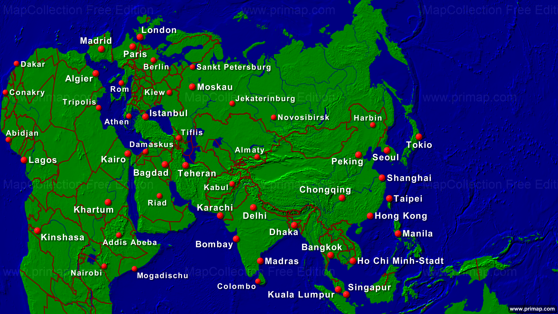 Asien Städte Karte primap Kontinentalkarten